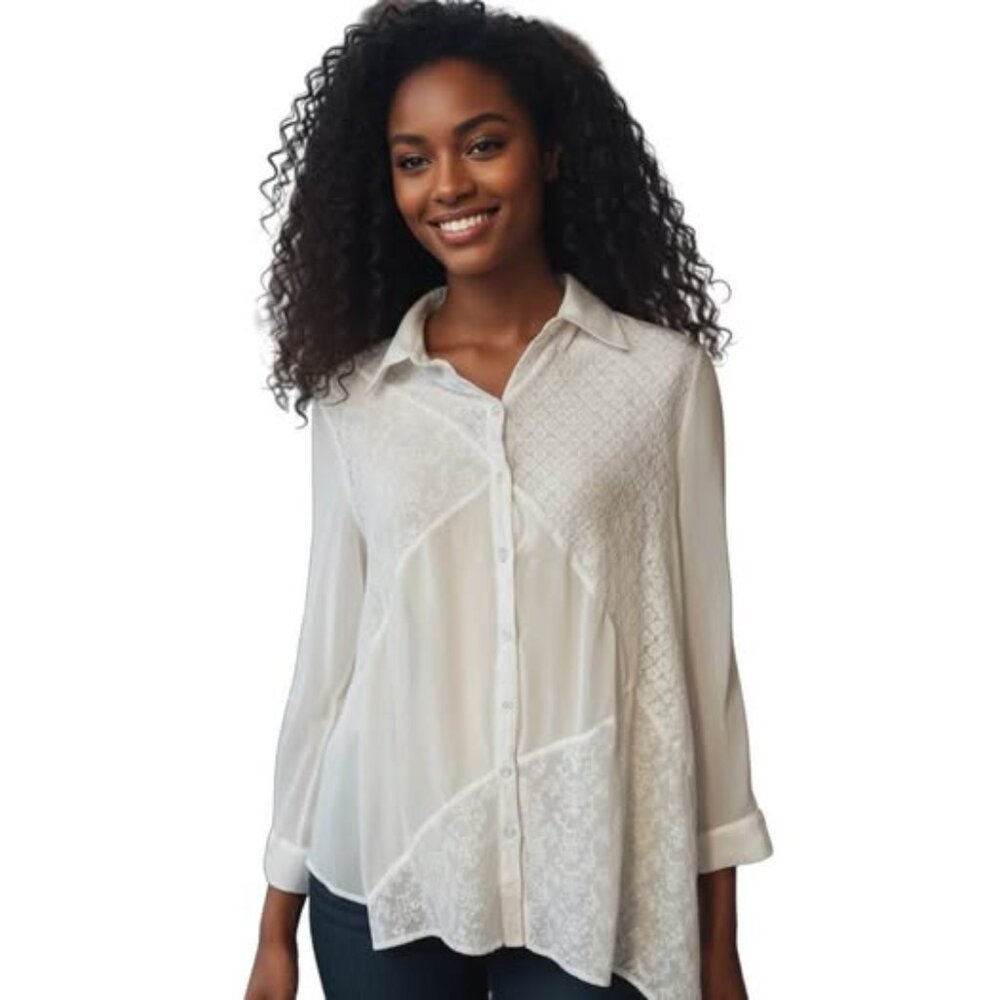 Chico's Size‎ 2. (Large) White Sheer Lace button down collared tunic. Vacation